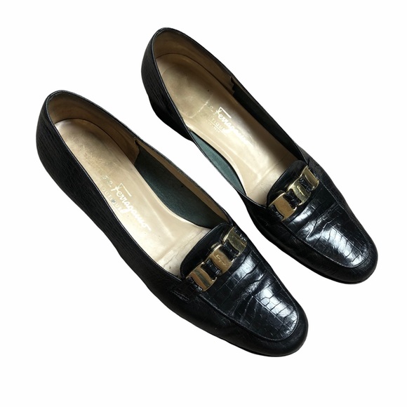 Salvatore Ferragamo Shoes - Ferragamo Black Croc Leather Buckle Loafers Shoes